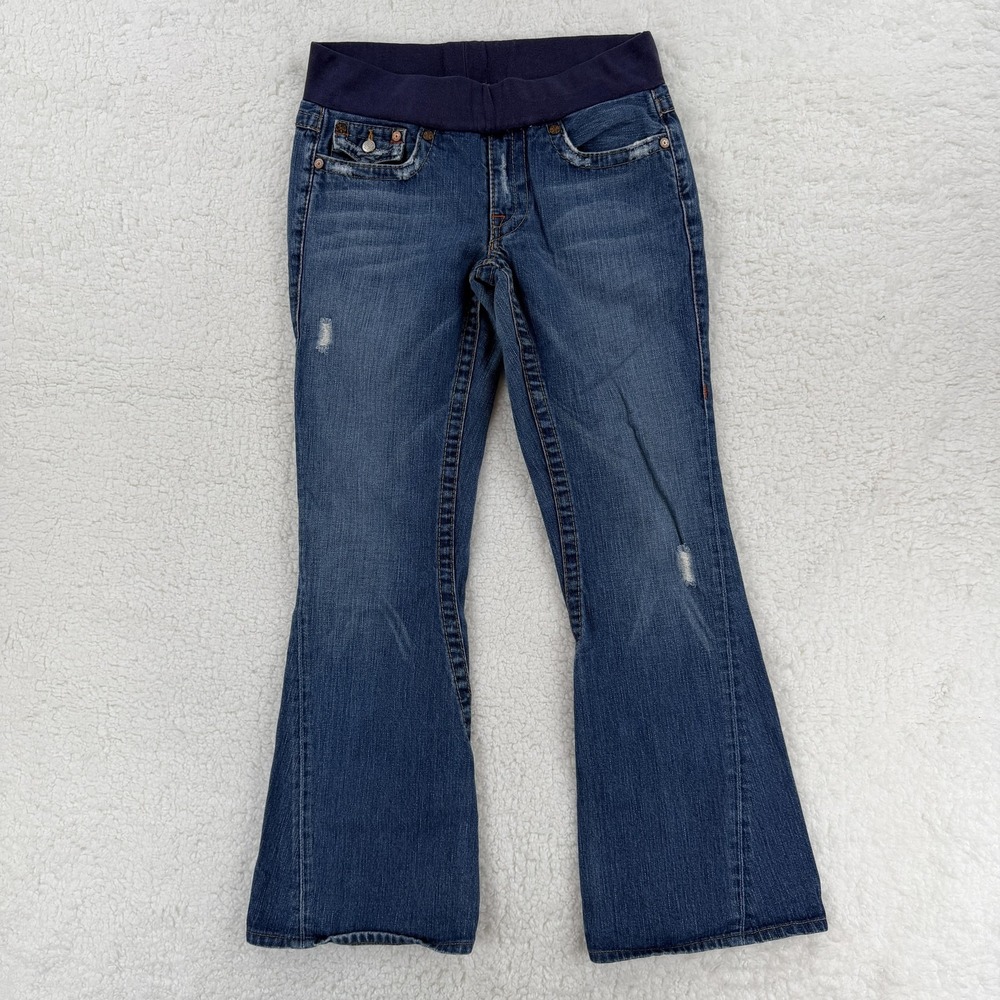 True Religion Joey Maternity Jeans Womens 28 Blue Flare Distressed Made USA